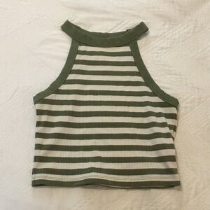 American Eagle Outfitters Olive and Cream White Striped Halter Crop Tank